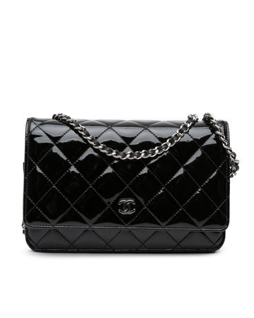 Quilted Patent Leather Wallet On Chain With Woven Chain Strap