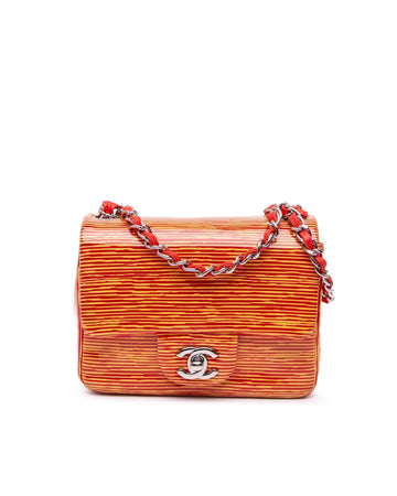 Mini Square Classic Patent Striped Single Flap Bag with Chain Strap and Twist Lock Closure