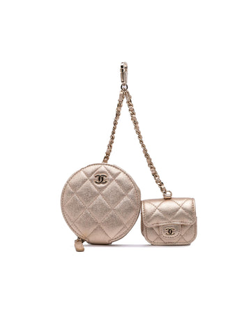 Metallic Lambskin Quilted Coin Purse and AirPods Case with Chain Straps