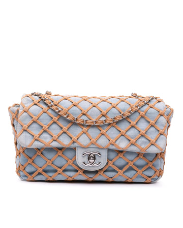 Jumbo Denim Net Flap Shoulder Bag with Chain Straps