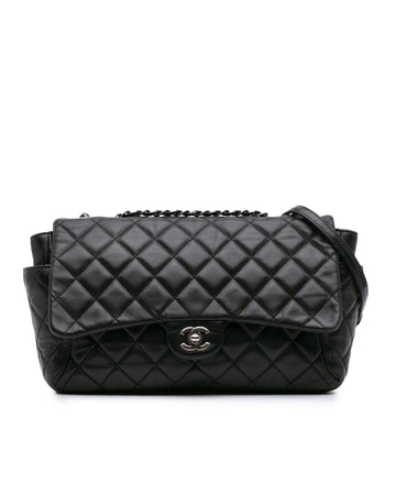 Large Quilted Lambskin Flap Bag with Chain Strap and Side Pockets
