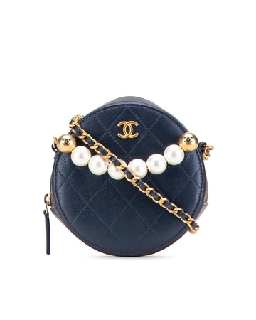 Quilted Goatskin Round Clutch with Faux Pearl Chain Handle