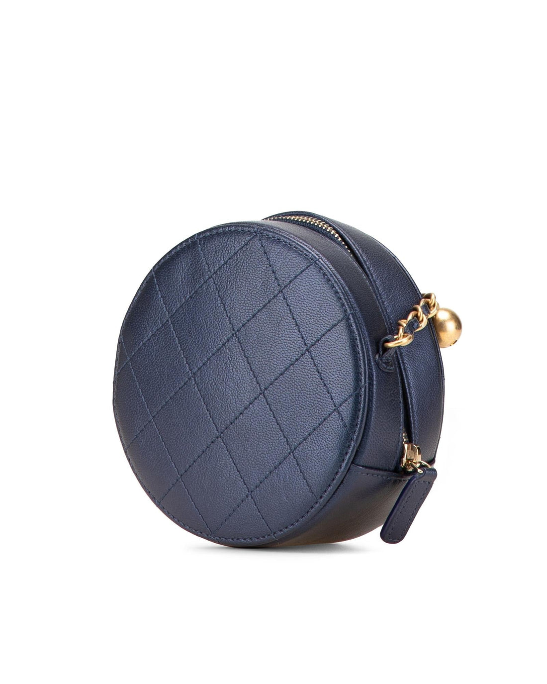 Quilted Goatskin Round Clutch with Faux Pearl Chain Handle