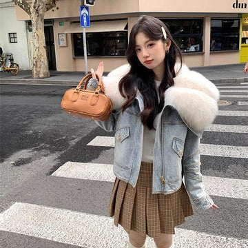Faux Fur Neck Denim Coat For Women