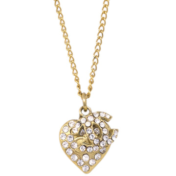 Chanel Heart Chain Pendant Necklace Rhinestone Gold 02P