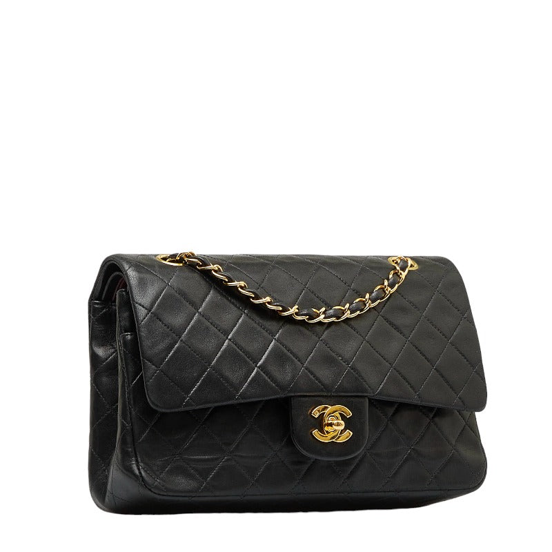 Chanel Classic 25 Double Flap Chain Shoulder Bag Black Gold Lambskin