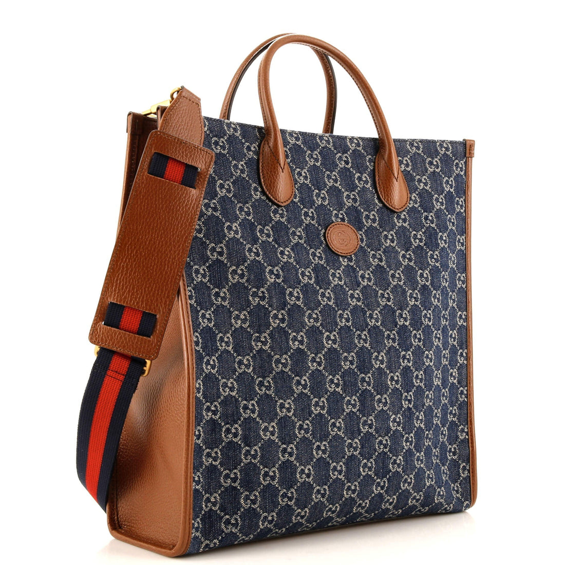 Interlocking G Patch Web Strap Convertible Tote GG Denim Tall