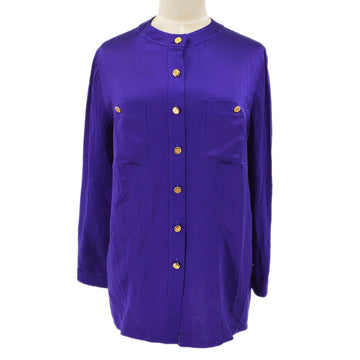 Chanel 1991 logo-buttons collarless silk shirt #38