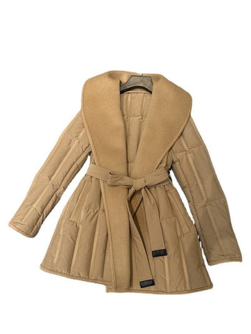 Camel Women Winter Goose Down Jacket Woolen Collar Warm Slim Belt Overcoat