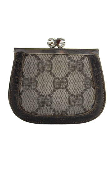 Gucci Womens Monogram Print Medallion Kiss Lock Textured Coin Pouch Wallet Brown