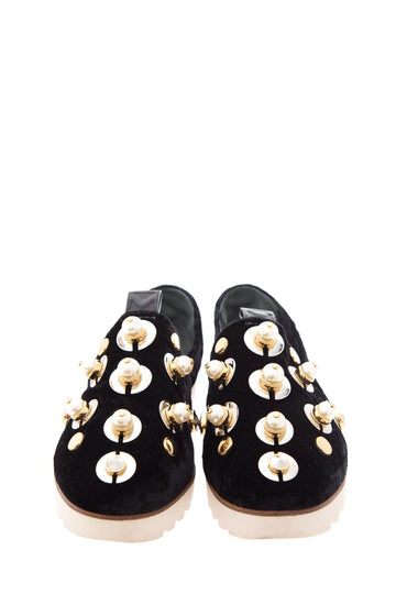 Mercedes Castillo Black Velvet & Pearl Detail Slip On Sneakers SZ 39