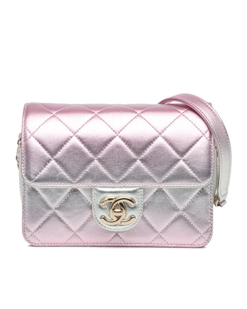 Metallic Quilted Leather Crossbody Bag with Chain Strap and Turn Lock Closure