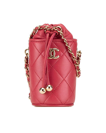 Micro Quilted Lambskin Drawstring Bucket Bag with Leather Woven Chain Strap