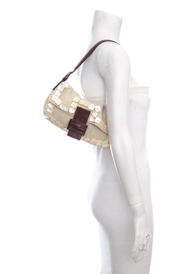Fendi Cream Shell Beaded Baguette