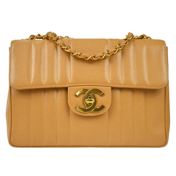 CHANEL 1991-1994 Big CC Vertical Stitch Classic Flap Jumbo Beige Caviar