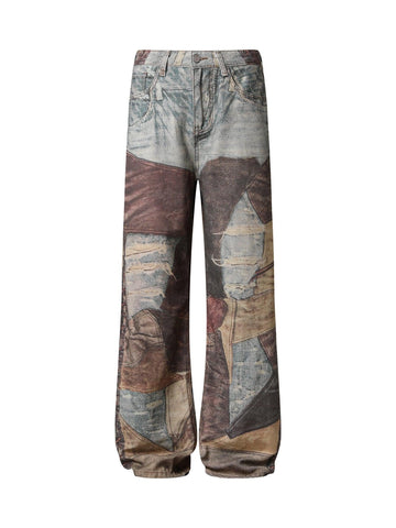 Makersluxe High Street Distressed Washed Printed Jeans