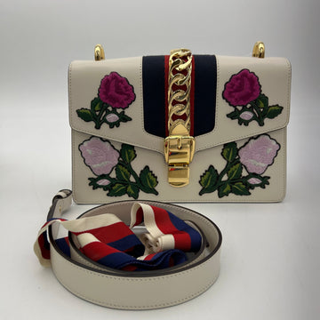 GUCCI Sylvie Shoulder Bag White Pink Multi Leather Floral Embroidery ITNS71BDBE3Q