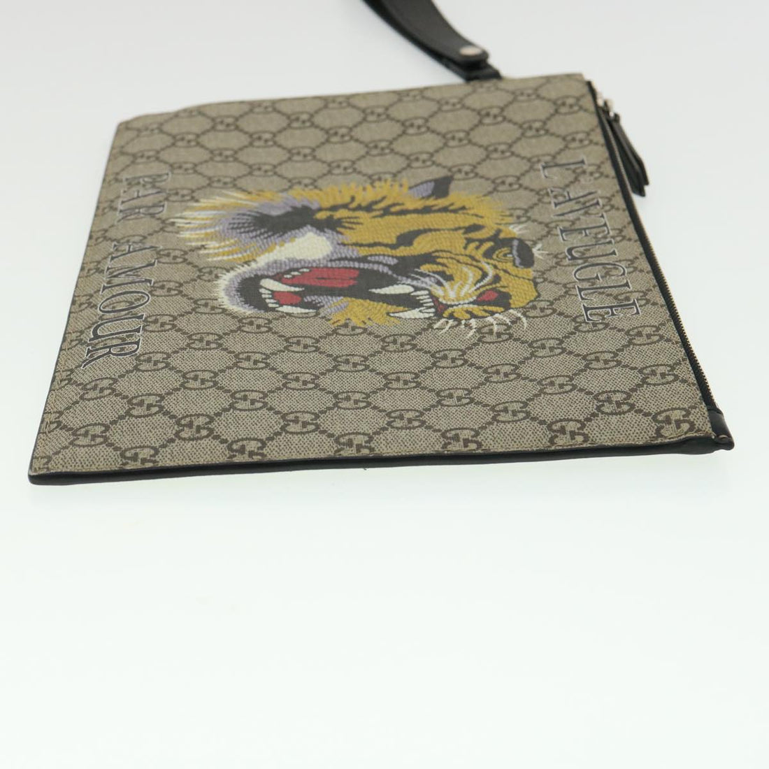 GUCCI GG Supreme Tiger Clutch Bag PVC Leather Gray 473904 31726