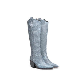 Fashion Autumn Winter Warm Shoes Chunky High Heels Pointed Toe Silver Dress Party Knee HIgh Boots