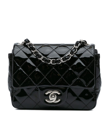 Mini Square Classic Patent Single Flap Bag with Quilted Leather and Chain Strap