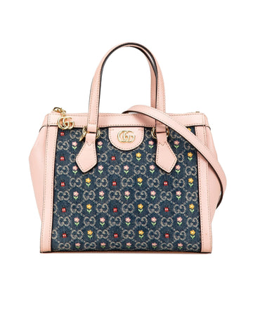 Small Denim Embroidery Satchel with Leather Trim