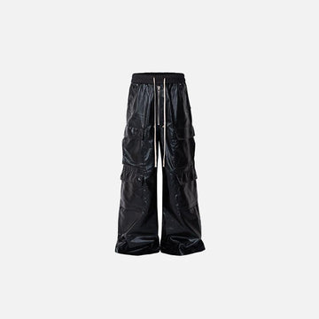 Wide-Leg Black Leather Cargo Pants