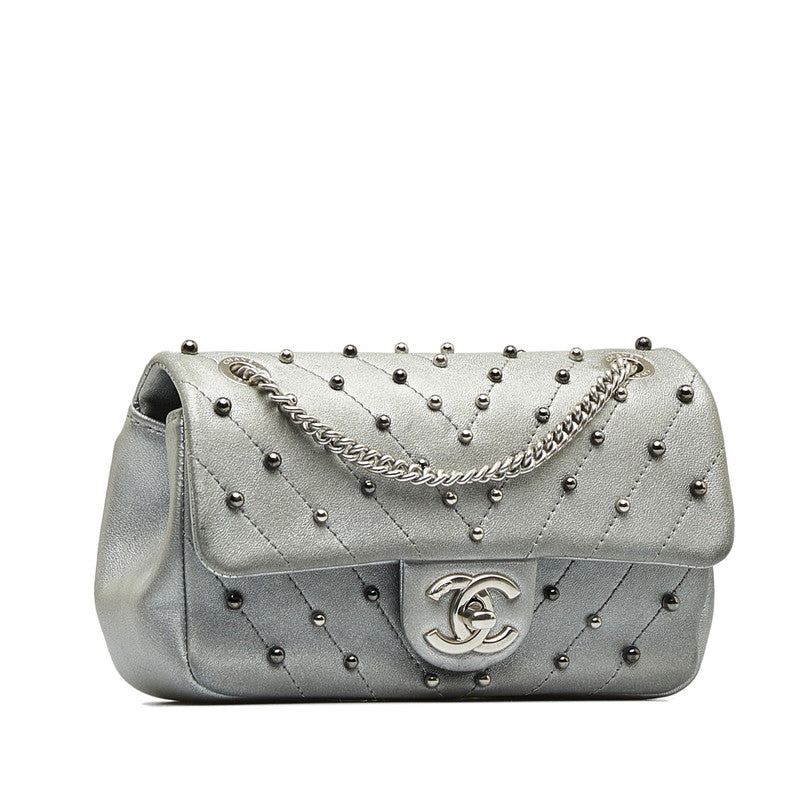 Chanel Chevron Coco Studded Chain Shoulder Bag Silver Leather Women's