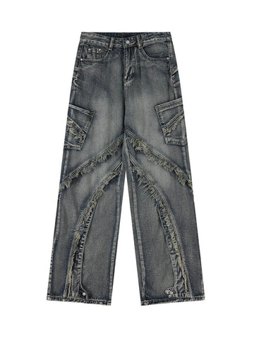 Makersluxe Washed Side Pocket Raw Edge Baggy Jeans