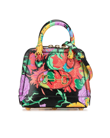 Floral Print Calfskin Top Handle Bag with Detachable Strap and Interior Slip Pocket