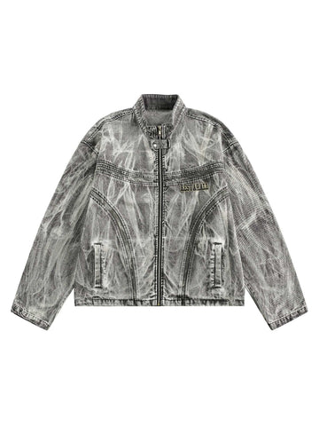 Makersluxe Hip-hop Distressed Washed Printed Denim Jacket