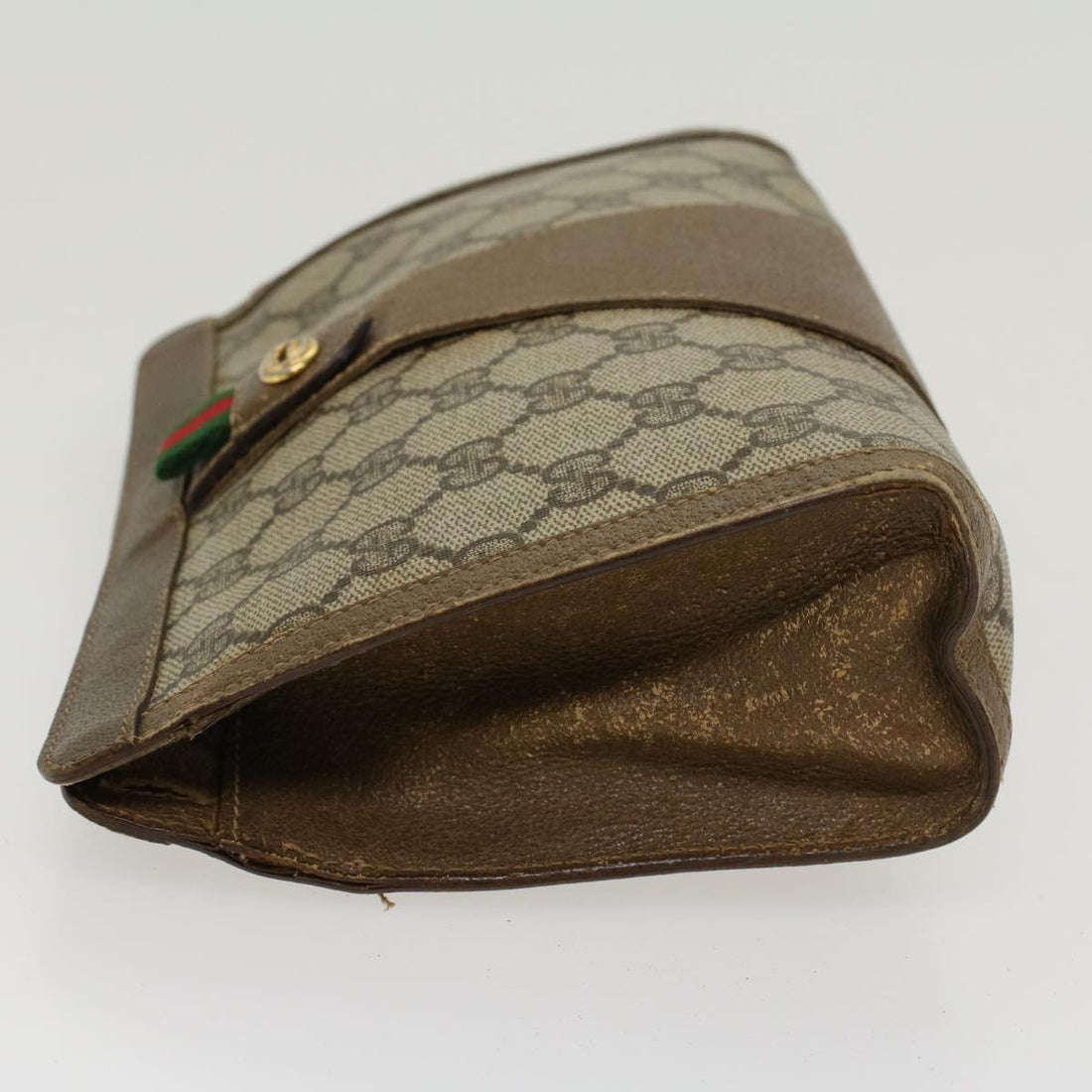 GUCCI GG Canvas Web Sherry Line Clutch Bag PVC Leather Beige Green 43090
