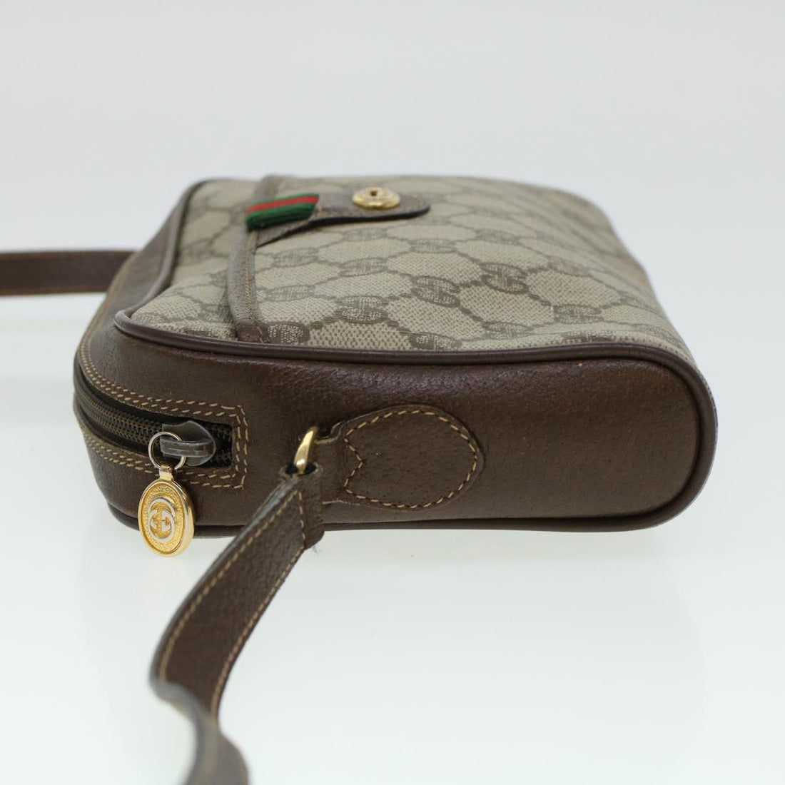 GUCCI GG Canvas Web Sherry Line Shoulder Bag PVC Leather Beige Green 43091