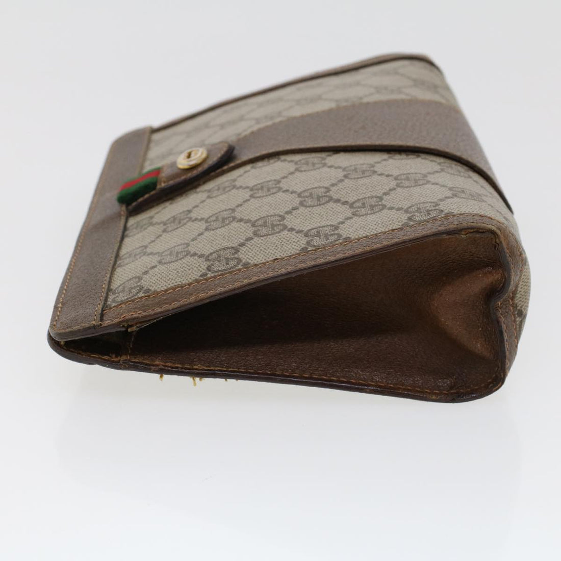 GUCCI GG Canvas Web Sherry Line Clutch Bag PVC Leather Beige Green 44139