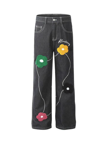 Makersluxe Vintage Floral Embroidery Washed Straight Leg Jeans