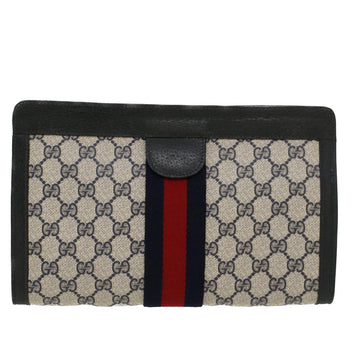GUCCI GG Canvas Sherry Line Clutch Bag Gray Red Navy 89.01.002 45958