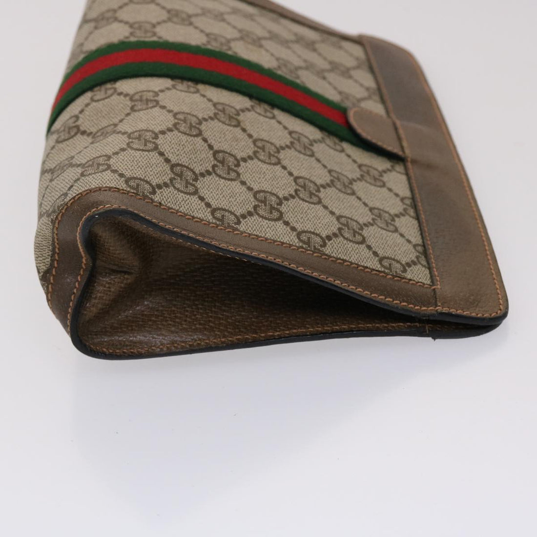 GUCCI GG Canvas Web Sherry Line Clutch Bag PVC Leather Beige Green 46133