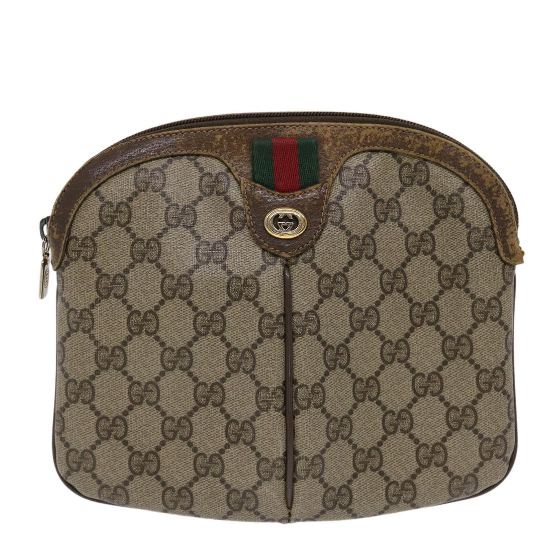 GUCCI GG Canvas Web Sherry Line Shoulder Bag PVC Leather Beige Green 46681