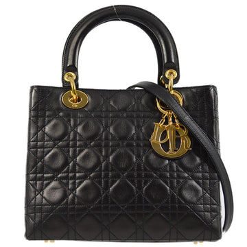 Christian Dior Black Lambskin Lady Dior Cannage 2way Shoulder Handbag