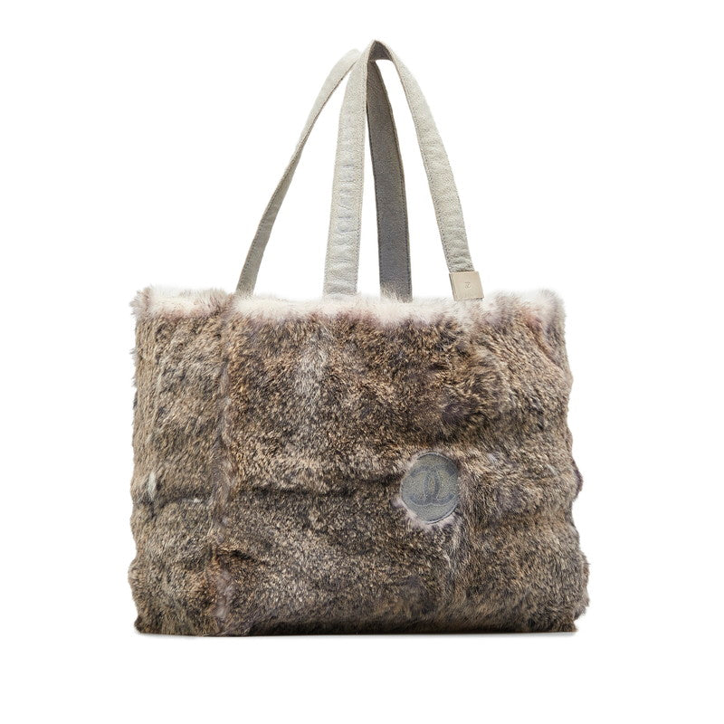 Chanel Coco Mark Handbag Tote Bag Grey Rabbit Fur Suede Women's