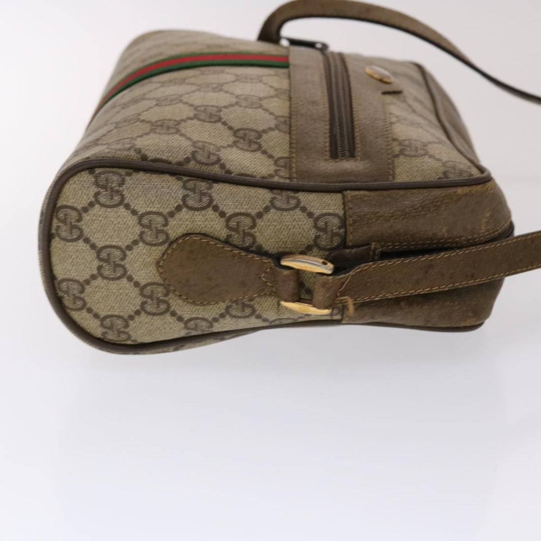 GUCCI GG Canvas Web Sherry Line Shoulder Bag PVC Leather Beige Green 48597