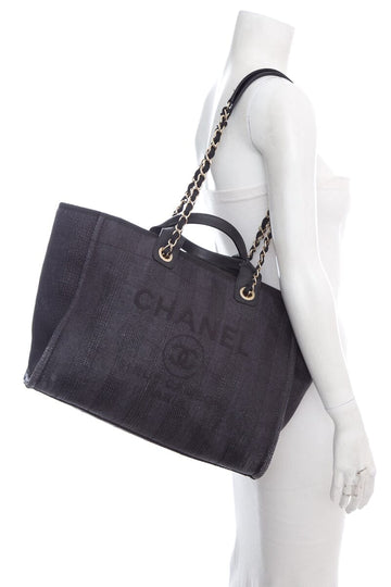 Chanel Chambray and Black Raffia Large Deauville Shopping Tote