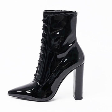 Black Patent Leather Pointed Toe Thick High Heel Short Boots Lace Up Side Zipper Large Ankle Boots Winter New Style