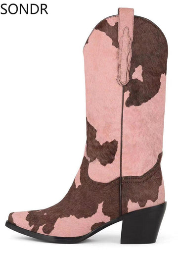 Womens Pointed Toe Real Horse Fur Mid Calf Boots Chunky Heel Shoes Genuine Leather Chelsea Western Cowboy