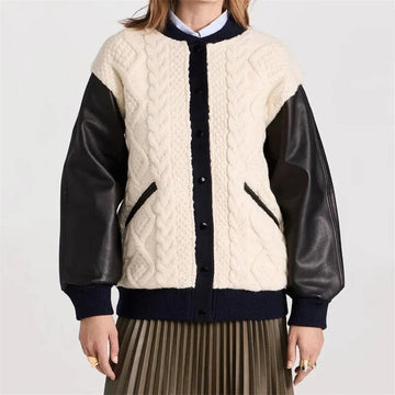 New in Korean Fashion Contrast Knit Panel down coats Wool blend long sleeved top Warm thick coat