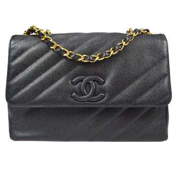 Chanel 1994-1996 Diagonal Stitch Straight Flap Jumbo Black Caviar