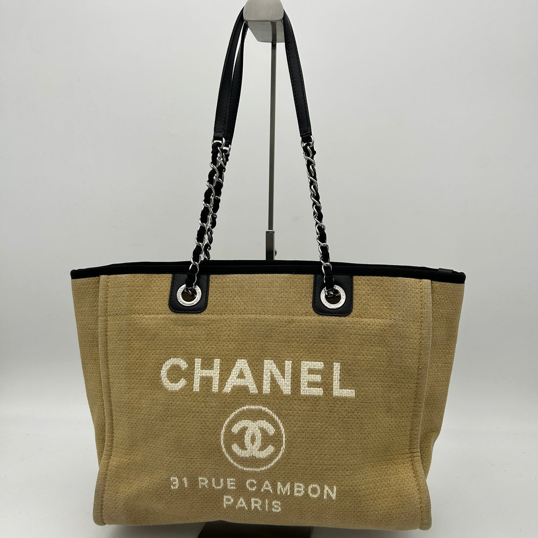 CHANEL Straw Raffia Calfskin Chain Medium Deauville Tote Beige LA42108