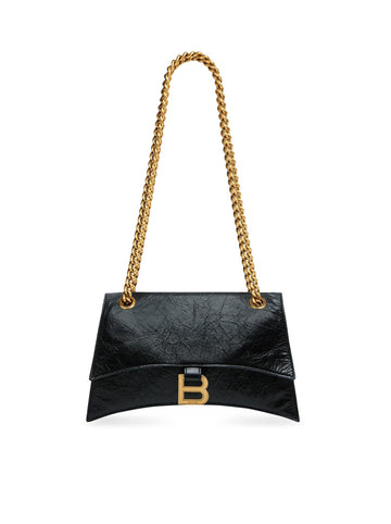 Balenciaga Women Borsa Crush Piccola With Catena In Pelle Di Vitello Crush Black With Antique Gold Finish