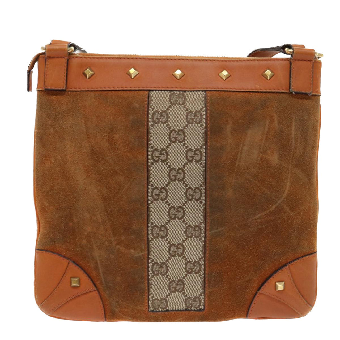 GUCCI GG Canvas Shoulder Bag Leather Beige Orange 120893 52751
