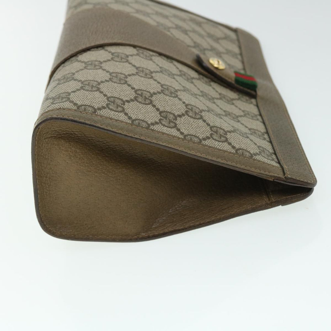 GUCCI GG Canvas Web Sherry Line Clutch Bag PVC Leather Beige Green 52762
