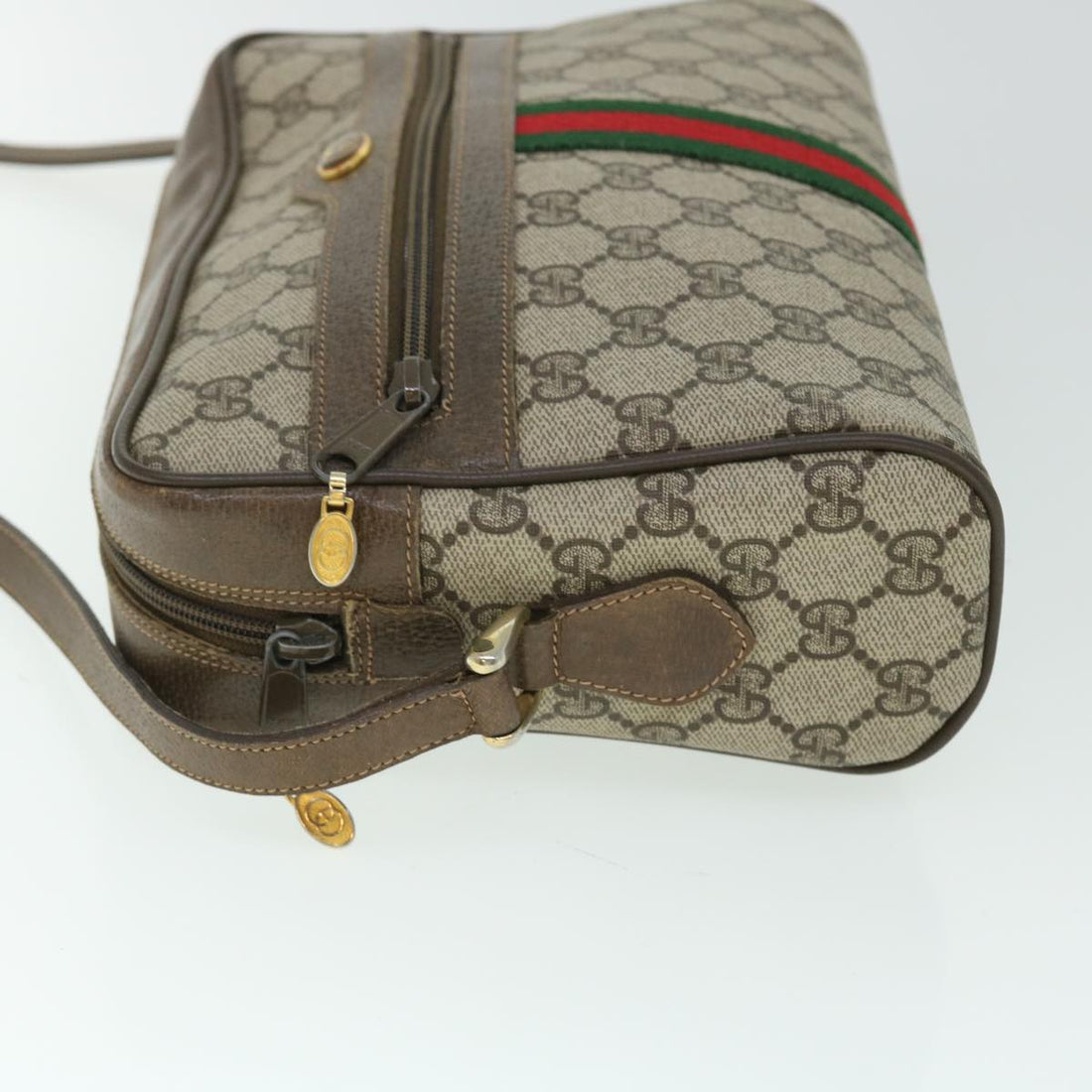 GUCCI GG Canvas Web Sherry Line Shoulder Bag PVC Leather Beige Green 52918